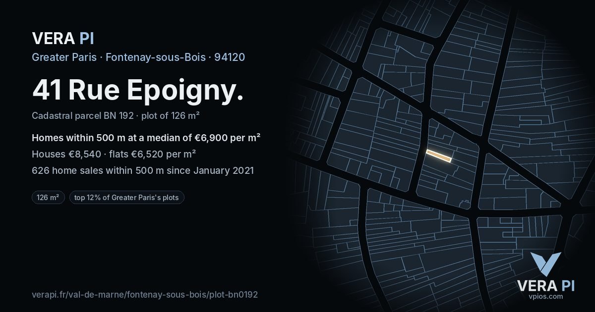41 Rue Epoigny, Fontenay-sous-Bois at night – the plot lit, the parcels around coloured by the prices near them