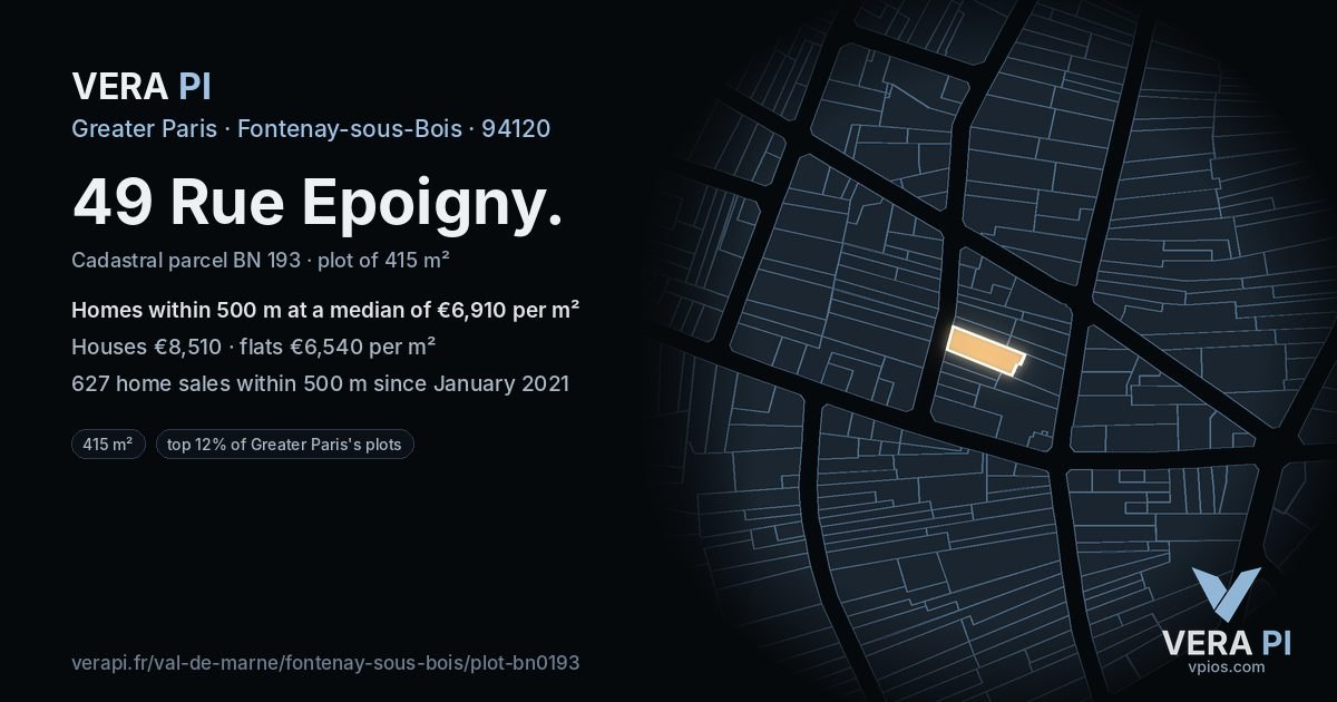 49 Rue Epoigny, Fontenay-sous-Bois at night – the plot lit, the parcels around coloured by the prices near them