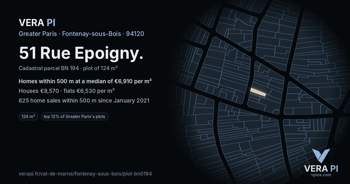 51 Rue Epoigny, Fontenay-sous-Bois at night – the plot lit, the parcels around coloured by the prices near them
