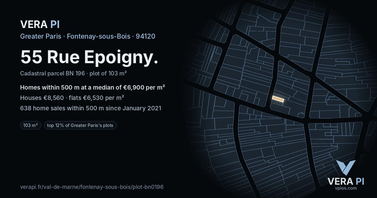 55 Rue Epoigny, Fontenay-sous-Bois at night – the plot lit, the parcels around coloured by the prices near them