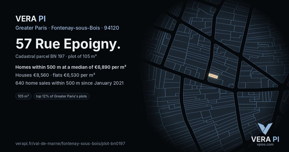 57 Rue Epoigny, Fontenay-sous-Bois at night – the plot lit, the parcels around coloured by the prices near them
