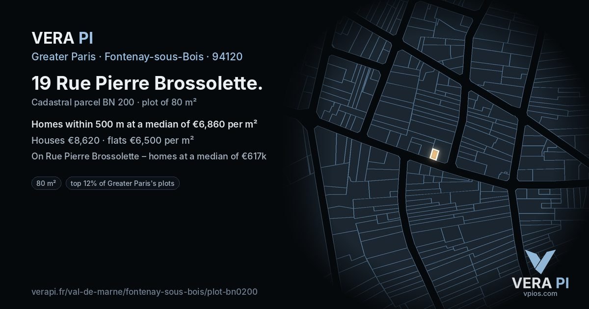 19 Rue Pierre Brossolette, Fontenay-sous-Bois at night – the plot lit, the parcels around coloured by the prices near them
