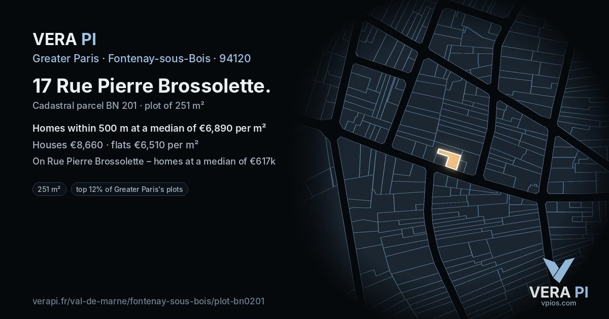17 Rue Pierre Brossolette, Fontenay-sous-Bois at night – the plot lit, the parcels around coloured by the prices near them