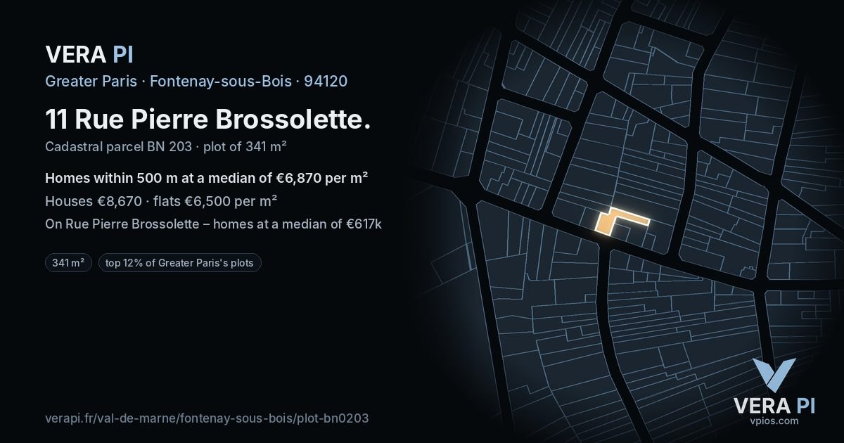 11 Rue Pierre Brossolette, Fontenay-sous-Bois at night – the plot lit, the parcels around coloured by the prices near them