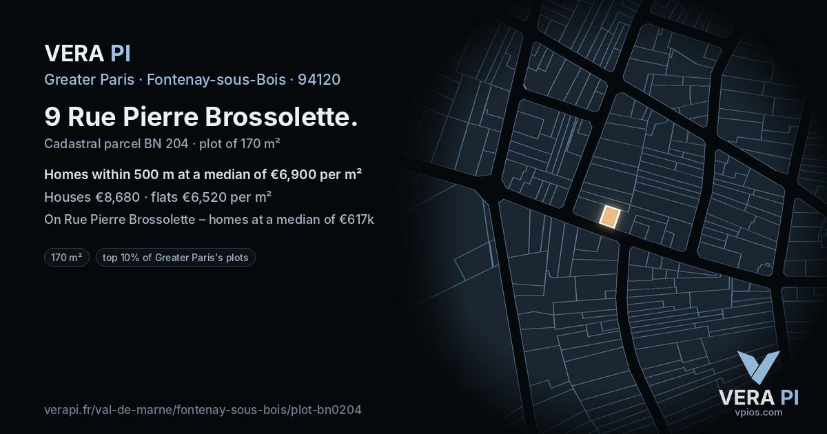 9 Rue Pierre Brossolette, Fontenay-sous-Bois at night – the plot lit, the parcels around coloured by the prices near them