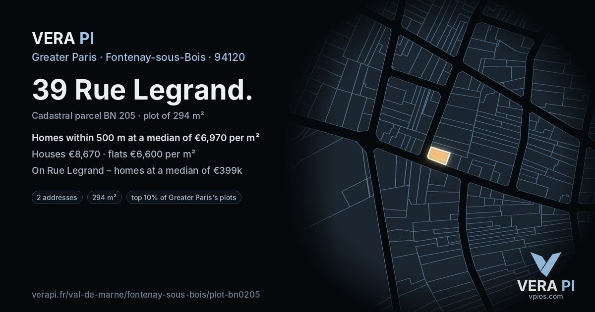 39 Rue Legrand, Fontenay-sous-Bois at night – the plot lit, the parcels around coloured by the prices near them