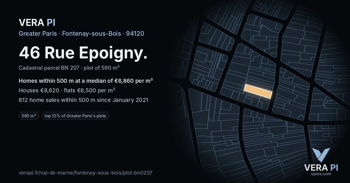 46 Rue Epoigny, Fontenay-sous-Bois at night – the plot lit, the parcels around coloured by the prices near them
