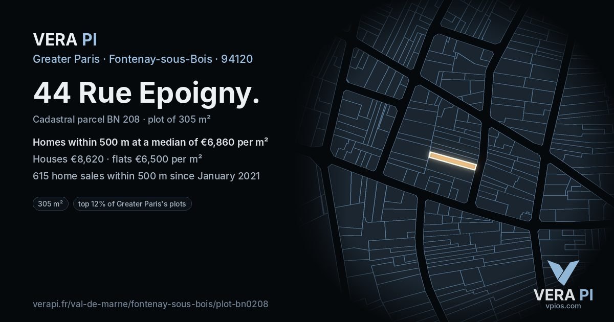 44 Rue Epoigny, Fontenay-sous-Bois at night – the plot lit, the parcels around coloured by the prices near them