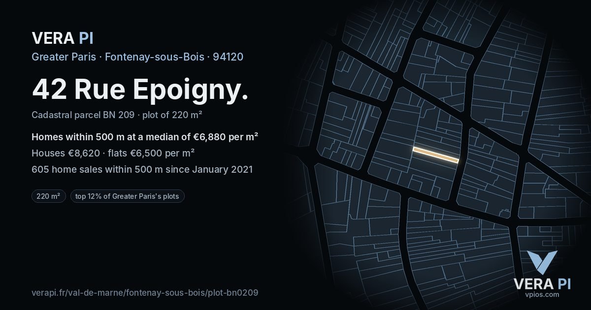 42 Rue Epoigny, Fontenay-sous-Bois at night – the plot lit, the parcels around coloured by the prices near them