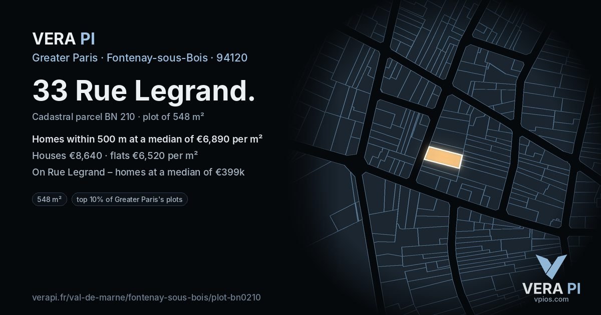33 Rue Legrand, Fontenay-sous-Bois at night – the plot lit, the parcels around coloured by the prices near them