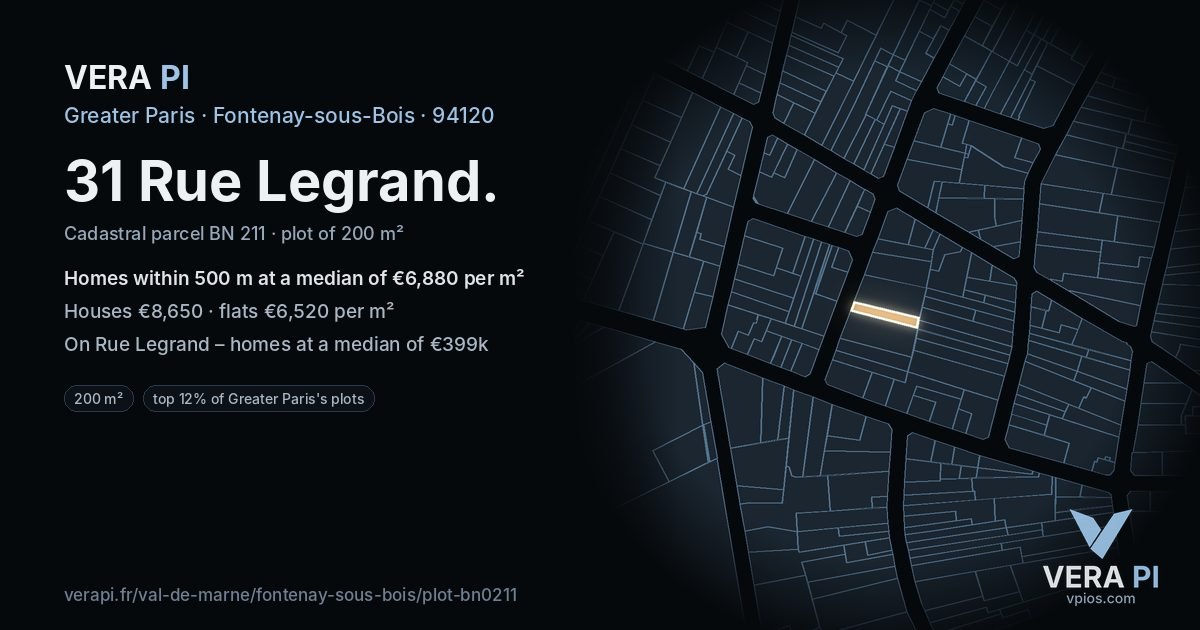 31 Rue Legrand, Fontenay-sous-Bois at night – the plot lit, the parcels around coloured by the prices near them