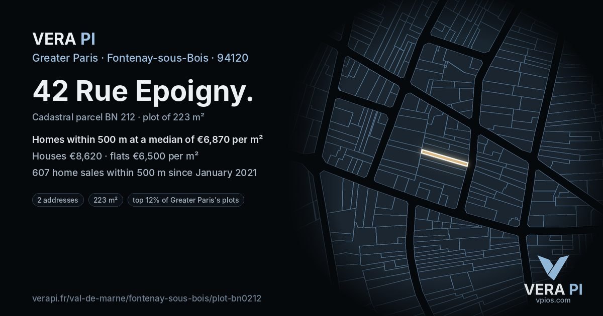 42 Rue Epoigny, Fontenay-sous-Bois at night – the plot lit, the parcels around coloured by the prices near them