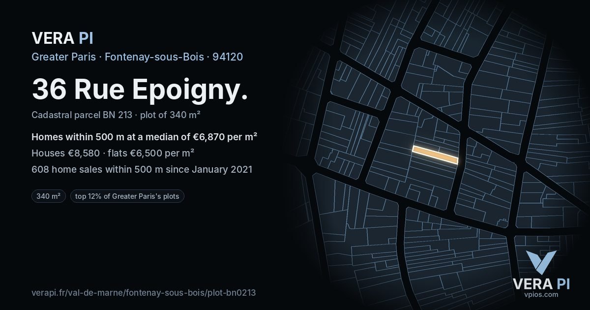 36 Rue Epoigny, Fontenay-sous-Bois at night – the plot lit, the parcels around coloured by the prices near them