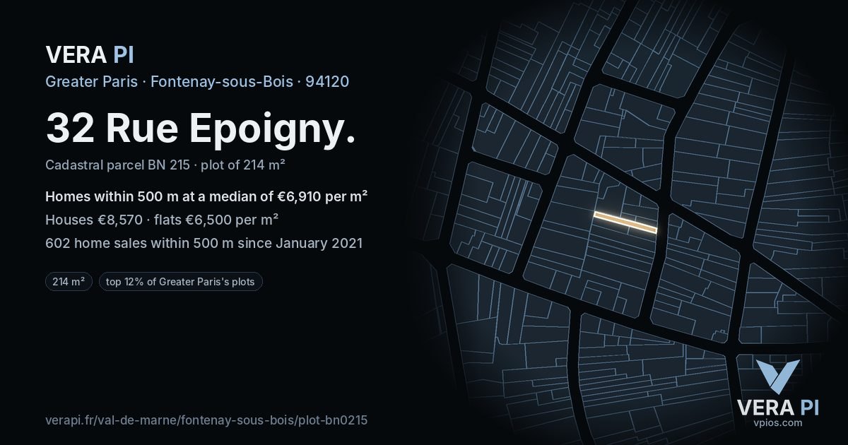32 Rue Epoigny, Fontenay-sous-Bois at night – the plot lit, the parcels around coloured by the prices near them