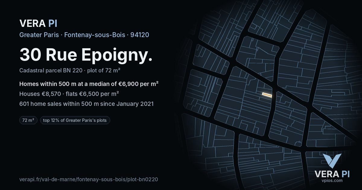 30 Rue Epoigny, Fontenay-sous-Bois at night – the plot lit, the parcels around coloured by the prices near them
