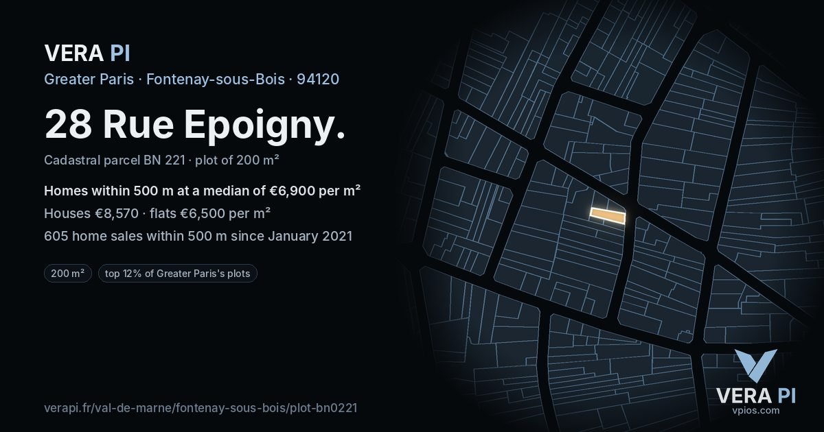 28 Rue Epoigny, Fontenay-sous-Bois at night – the plot lit, the parcels around coloured by the prices near them