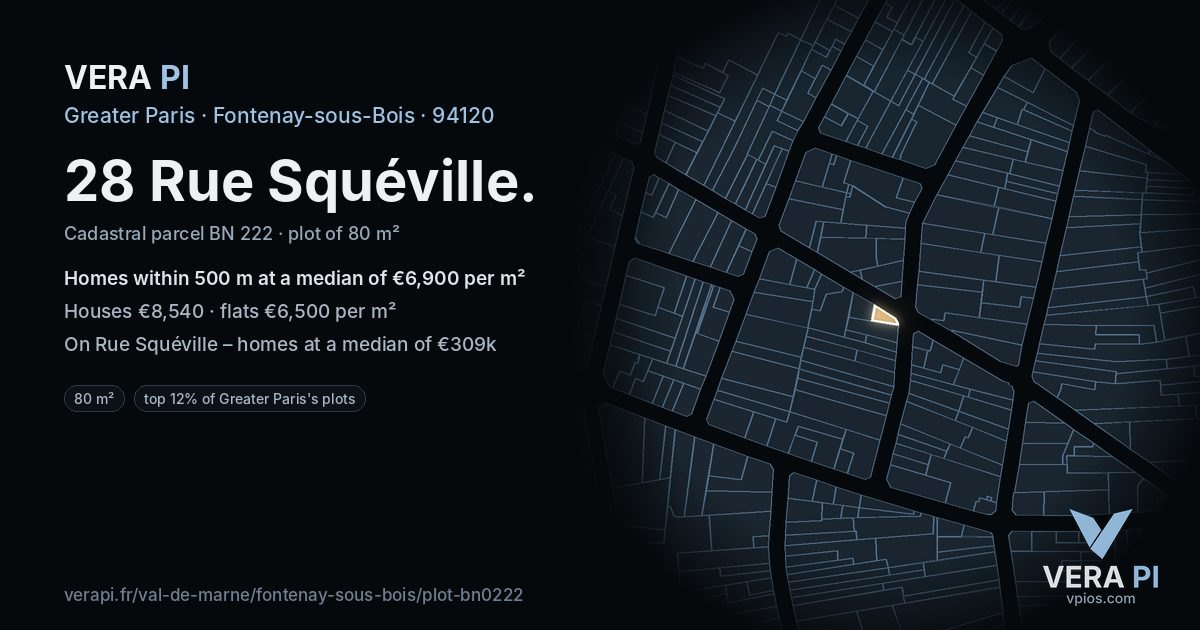 28 Rue Squéville, Fontenay-sous-Bois at night – the plot lit, the parcels around coloured by the prices near them
