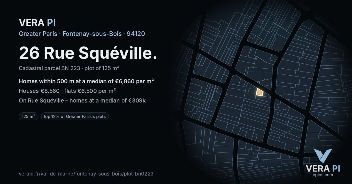 26 Rue Squéville, Fontenay-sous-Bois at night – the plot lit, the parcels around coloured by the prices near them