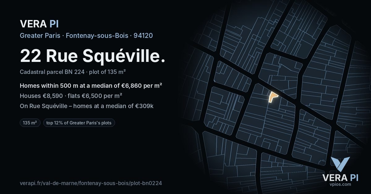 22 Rue Squéville, Fontenay-sous-Bois at night – the plot lit, the parcels around coloured by the prices near them