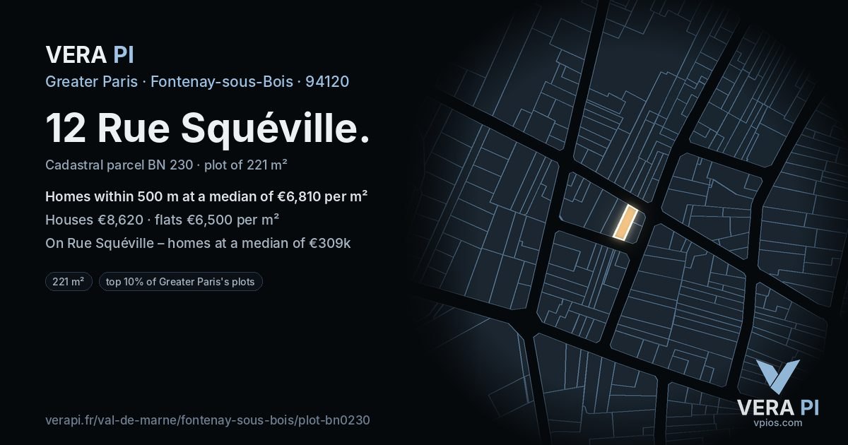 12 Rue Squéville, Fontenay-sous-Bois at night – the plot lit, the parcels around coloured by the prices near them