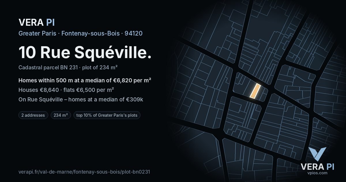 10 Rue Squéville, Fontenay-sous-Bois at night – the plot lit, the parcels around coloured by the prices near them