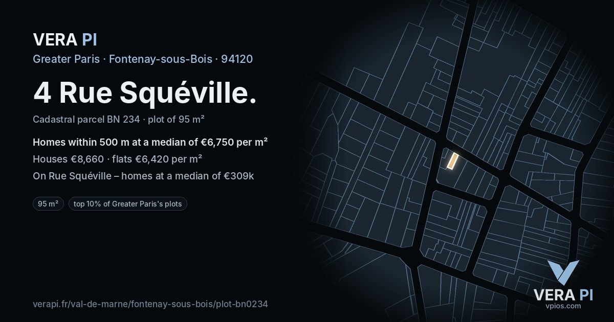 4 Rue Squéville, Fontenay-sous-Bois at night – the plot lit, the parcels around coloured by the prices near them