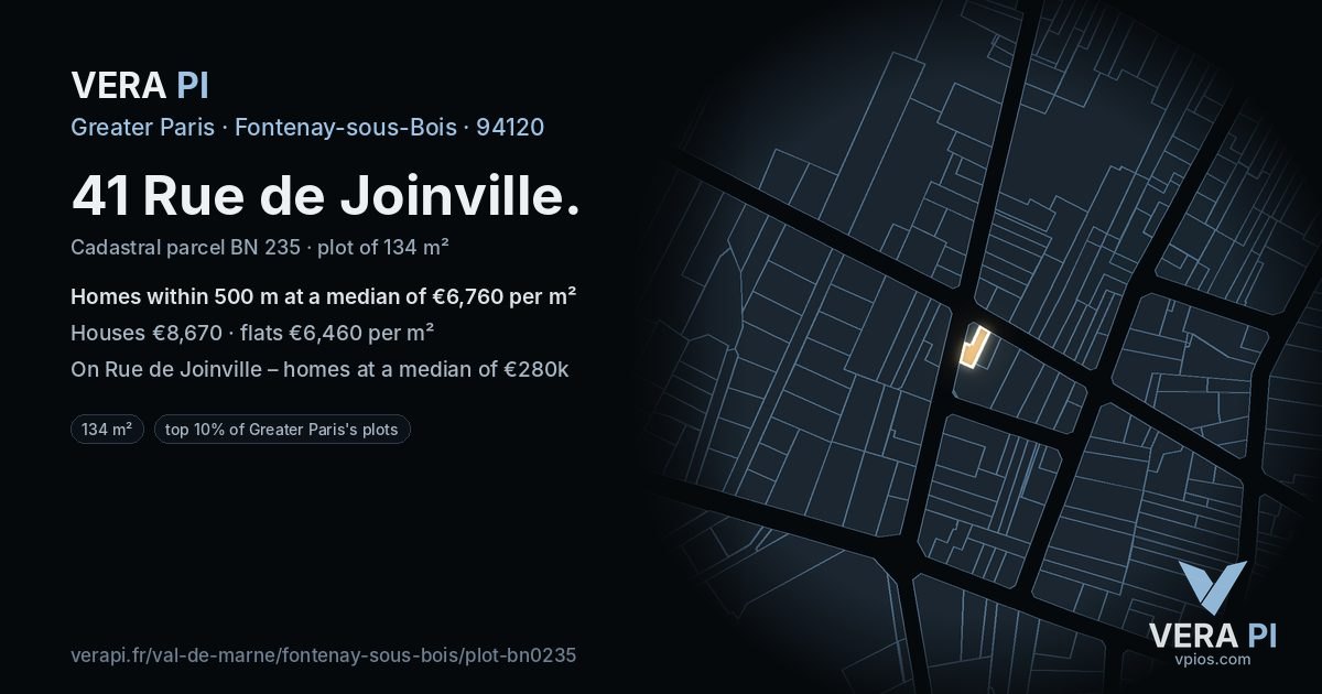 41 Rue de Joinville, Fontenay-sous-Bois at night – the plot lit, the parcels around coloured by the prices near them