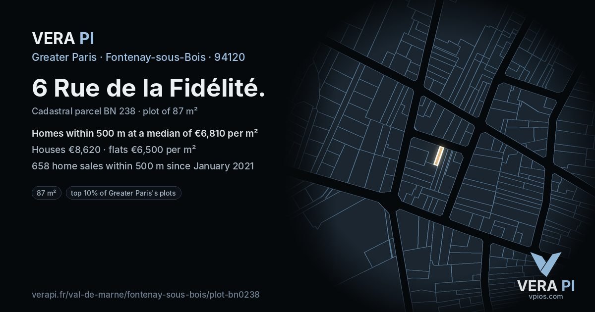 6 Rue de la Fidélité, Fontenay-sous-Bois at night – the plot lit, the parcels around coloured by the prices near them