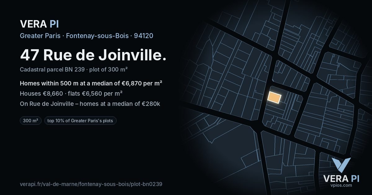 47 Rue de Joinville, Fontenay-sous-Bois at night – the plot lit, the parcels around coloured by the prices near them