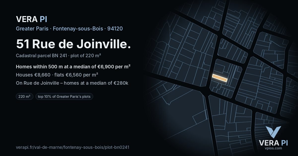 51 Rue de Joinville, Fontenay-sous-Bois at night – the plot lit, the parcels around coloured by the prices near them