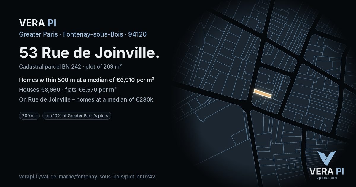 53 Rue de Joinville, Fontenay-sous-Bois at night – the plot lit, the parcels around coloured by the prices near them