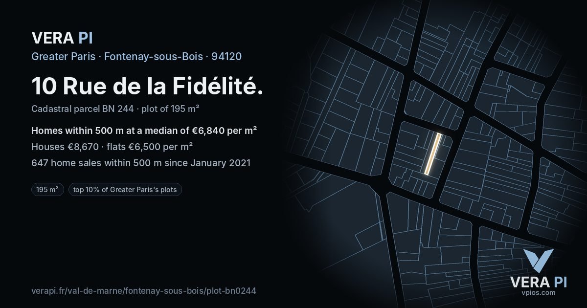 10 Rue de la Fidélité, Fontenay-sous-Bois at night – the plot lit, the parcels around coloured by the prices near them