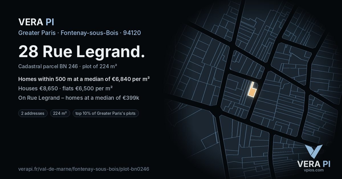 28 Rue Legrand, Fontenay-sous-Bois at night – the plot lit, the parcels around coloured by the prices near them