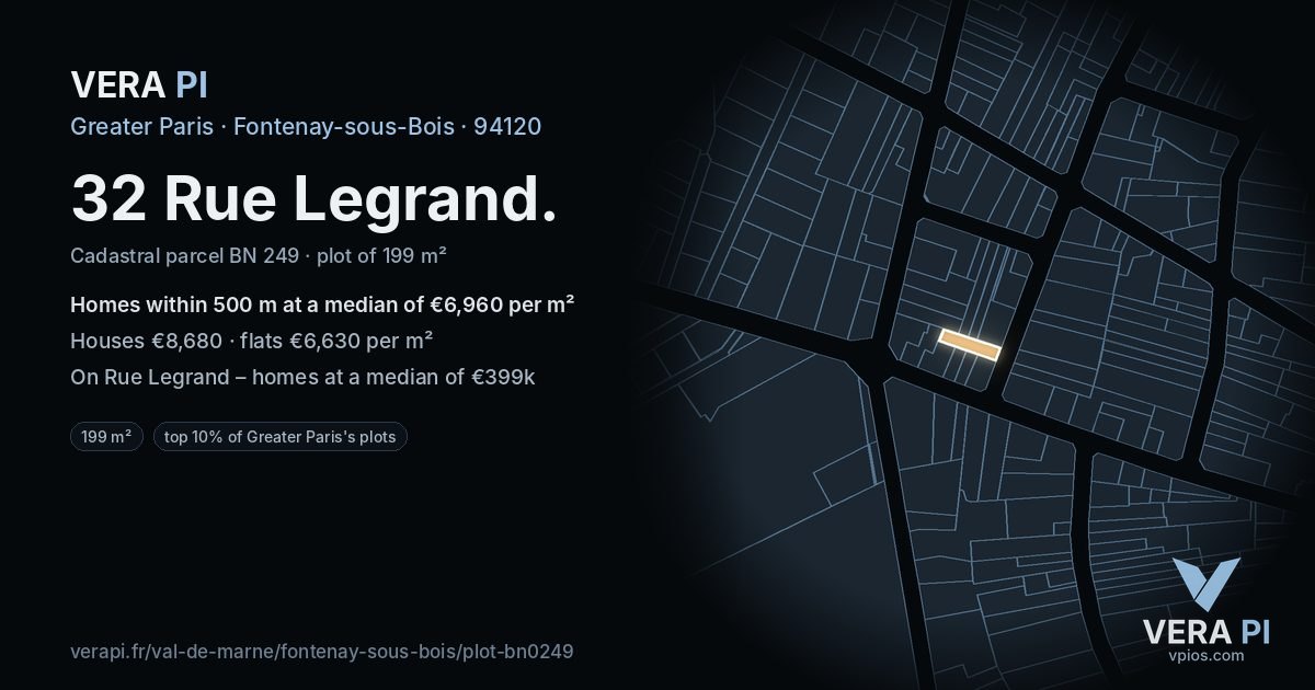 32 Rue Legrand, Fontenay-sous-Bois at night – the plot lit, the parcels around coloured by the prices near them