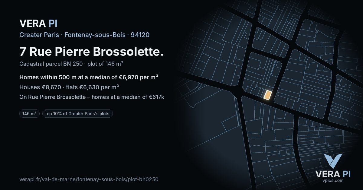 7 Rue Pierre Brossolette, Fontenay-sous-Bois at night – the plot lit, the parcels around coloured by the prices near them