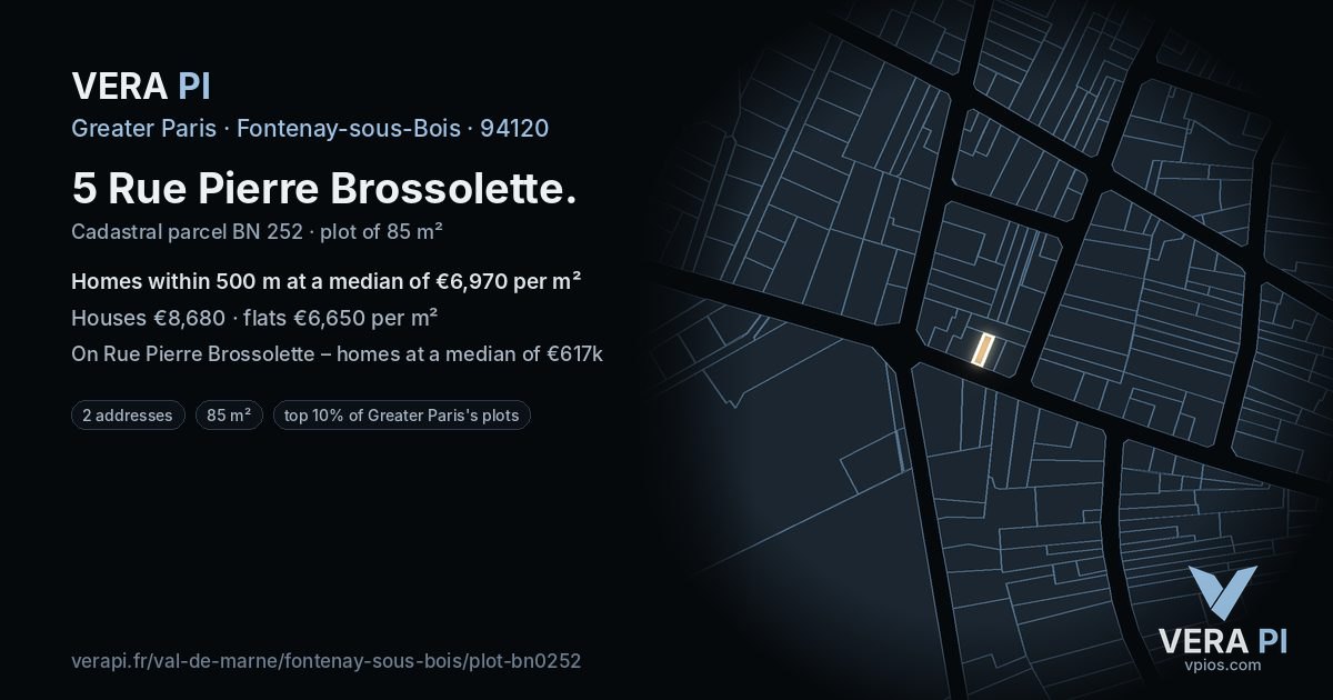 5 Rue Pierre Brossolette, Fontenay-sous-Bois at night – the plot lit, the parcels around coloured by the prices near them