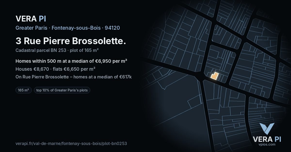 3 Rue Pierre Brossolette, Fontenay-sous-Bois at night – the plot lit, the parcels around coloured by the prices near them