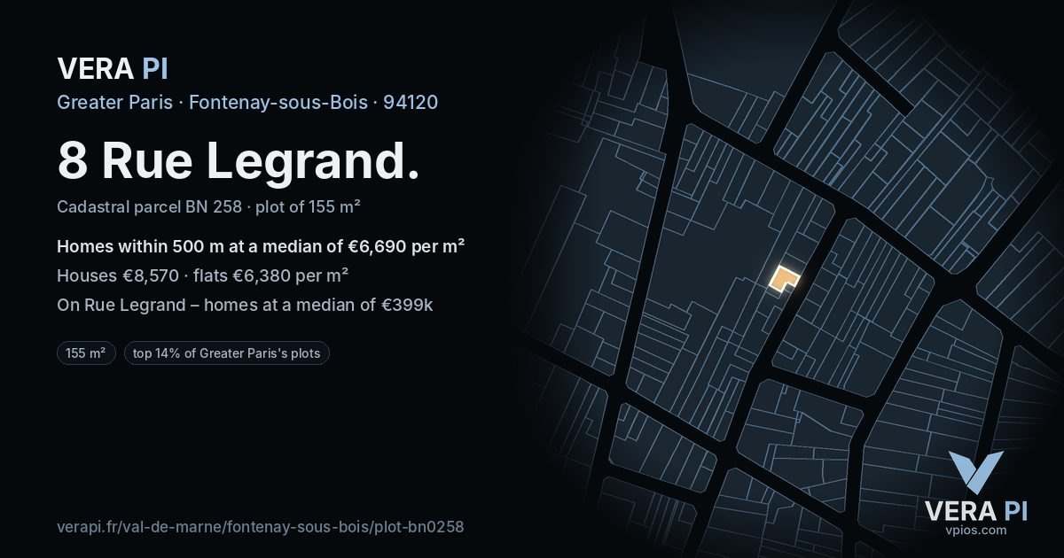 8 Rue Legrand, Fontenay-sous-Bois at night – the plot lit, the parcels around coloured by the prices near them
