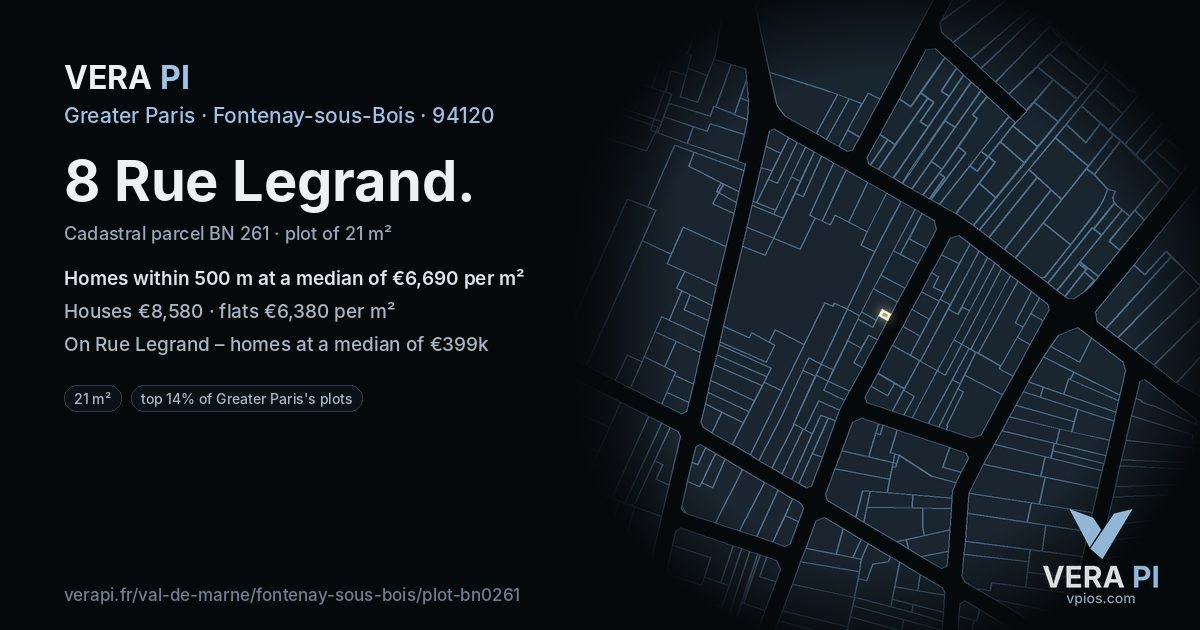8 Rue Legrand, Fontenay-sous-Bois at night – the plot lit, the parcels around coloured by the prices near them