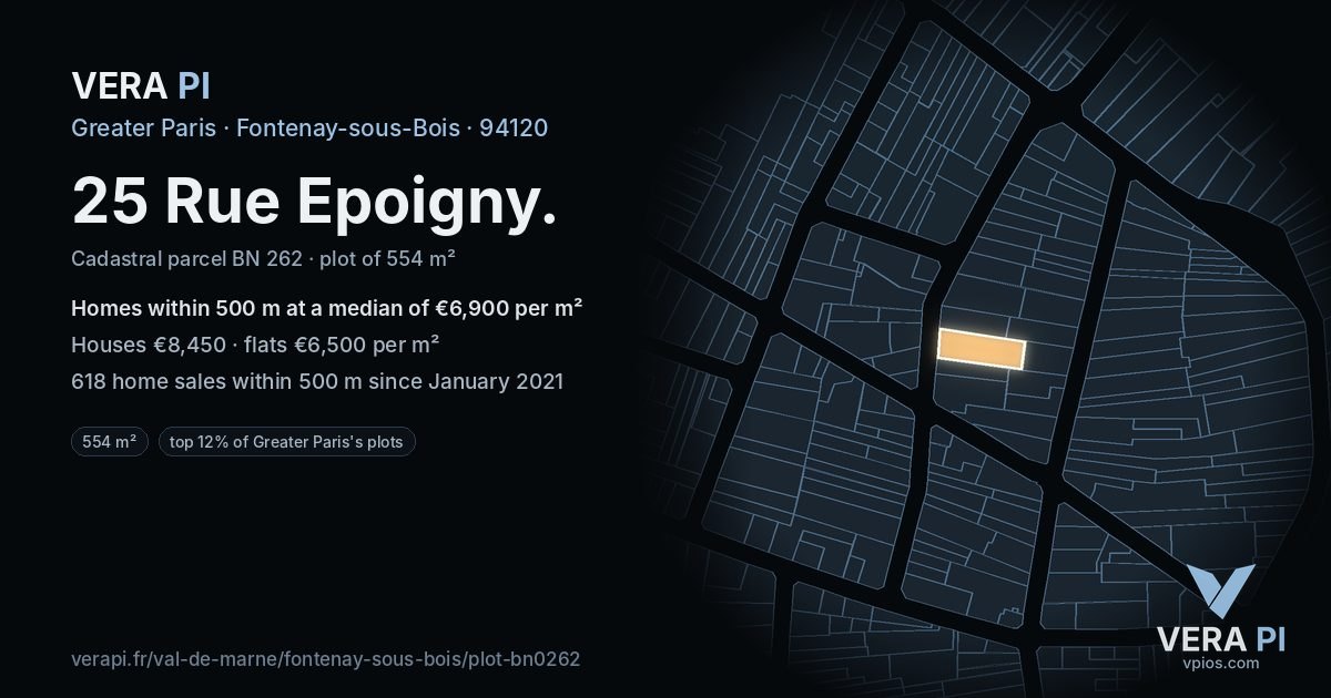 25 Rue Epoigny, Fontenay-sous-Bois at night – the plot lit, the parcels around coloured by the prices near them