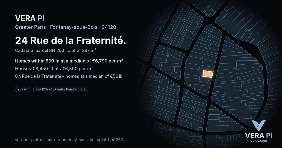 24 Rue de la Fraternité, Fontenay-sous-Bois at night – the plot lit, the parcels around coloured by the prices near them
