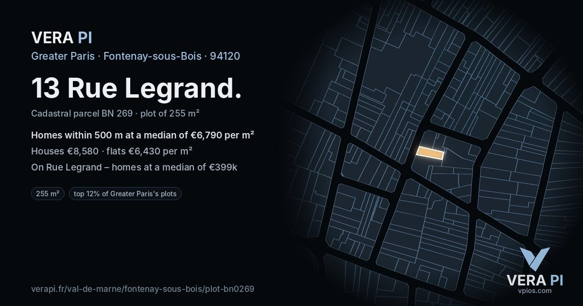 13 Rue Legrand, Fontenay-sous-Bois at night – the plot lit, the parcels around coloured by the prices near them