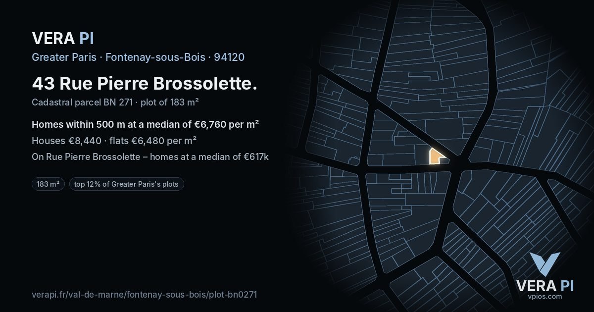 43 Rue Pierre Brossolette, Fontenay-sous-Bois at night – the plot lit, the parcels around coloured by the prices near them