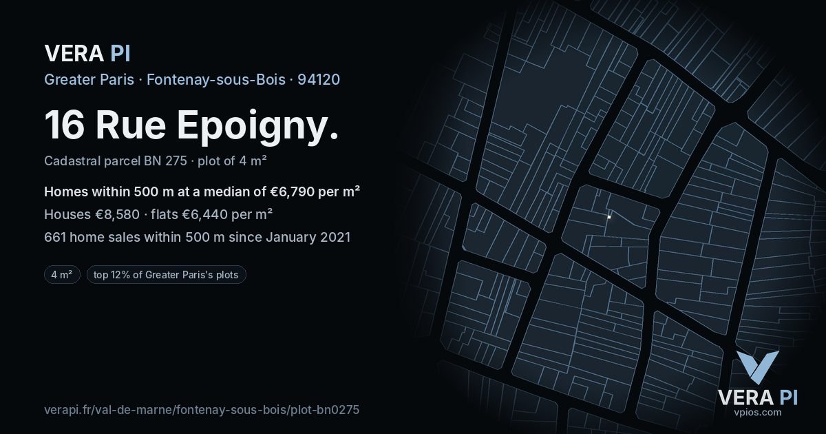 16 Rue Epoigny, Fontenay-sous-Bois at night – the plot lit, the parcels around coloured by the prices near them