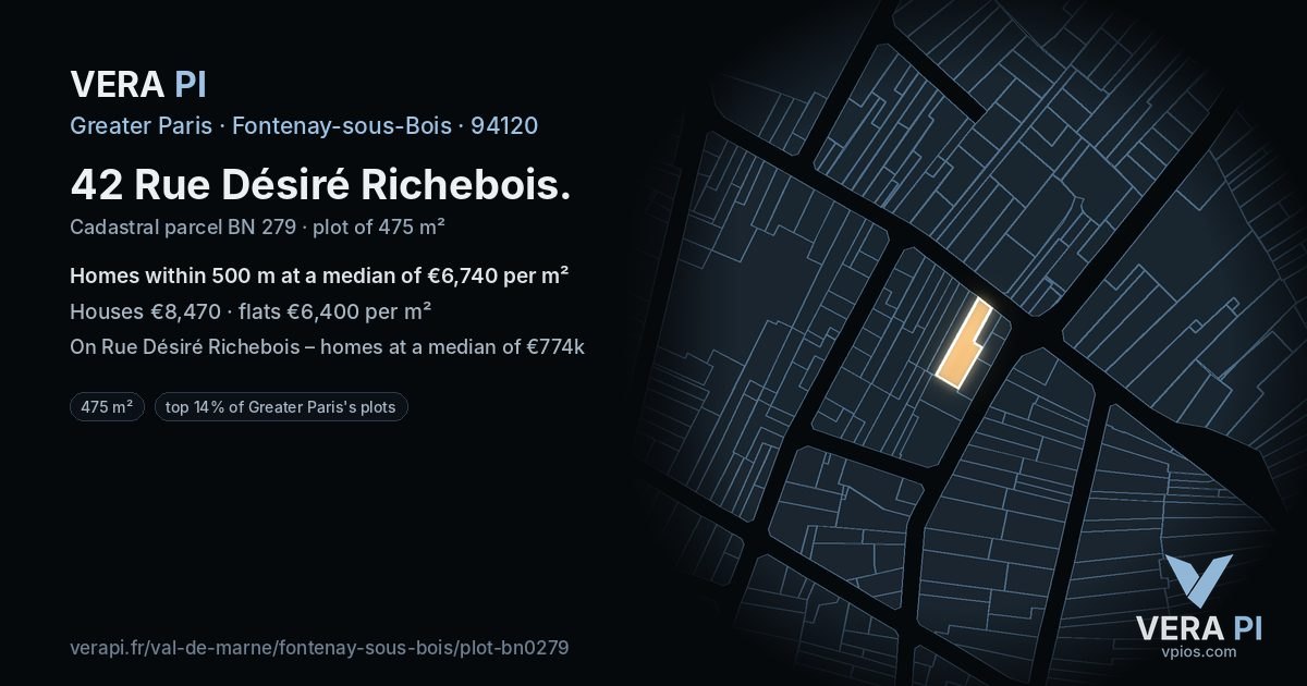 42 Rue Désiré Richebois, Fontenay-sous-Bois at night – the plot lit, the parcels around coloured by the prices near them