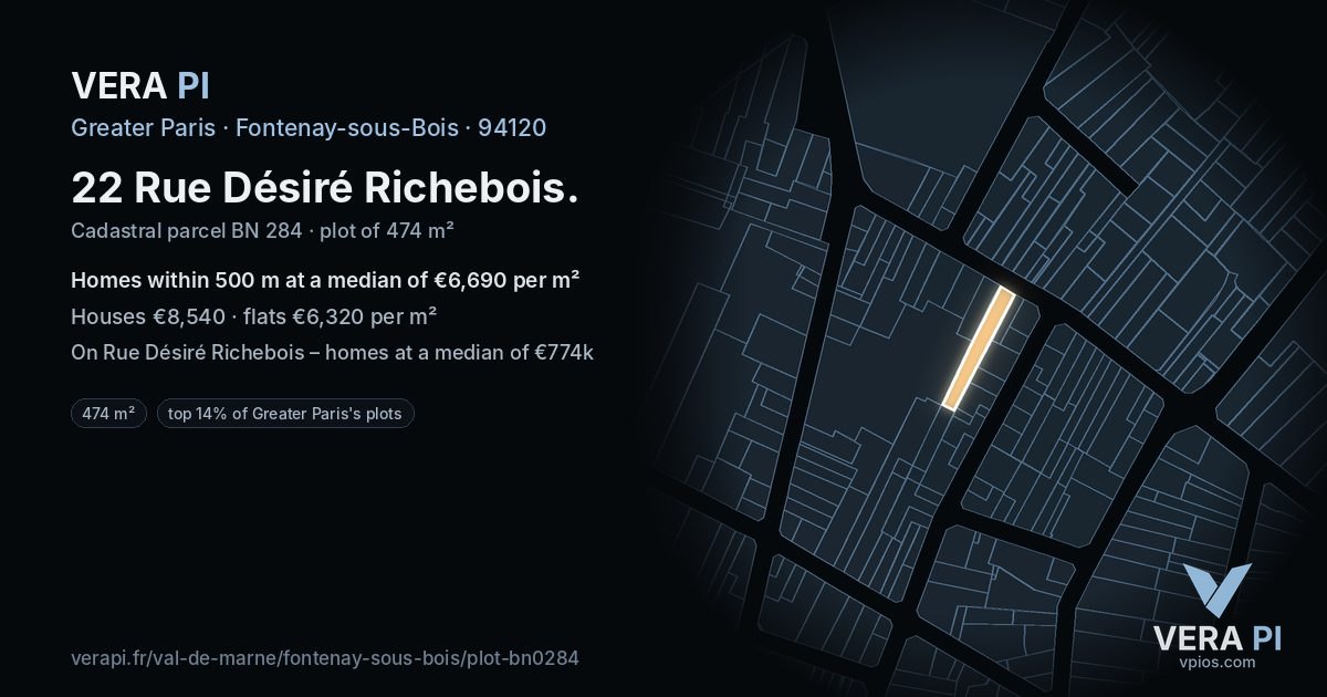 22 Rue Désiré Richebois, Fontenay-sous-Bois at night – the plot lit, the parcels around coloured by the prices near them
