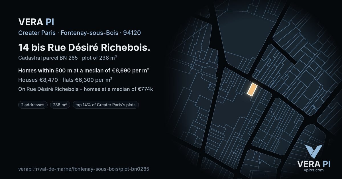 14 bis Rue Désiré Richebois, Fontenay-sous-Bois at night – the plot lit, the parcels around coloured by the prices near them