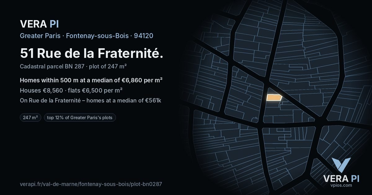 51 Rue de la Fraternité, Fontenay-sous-Bois at night – the plot lit, the parcels around coloured by the prices near them