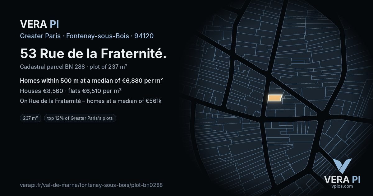 53 Rue de la Fraternité, Fontenay-sous-Bois at night – the plot lit, the parcels around coloured by the prices near them