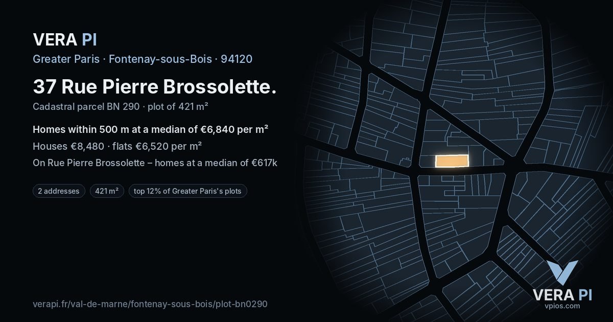 37 Rue Pierre Brossolette, Fontenay-sous-Bois at night – the plot lit, the parcels around coloured by the prices near them